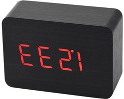 Houten LED Wekker met Alarmfunctie, Spraakbesturing en Continue Lichtmodus - Digitale Bureauthermometer en Klassieke Timer (Zwart hout + rood licht)