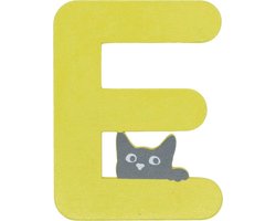 Houten Letter E Geel met Kat | 9 cm