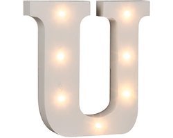 Houten Letterlamp - Decoratieve Verlichting - Sfeervolle Decoratie - 7 LED Lampjes - 16 cm Hoog - Wit