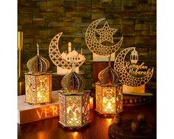 Houten Lichten Set voor Eid en Ramadan - 9 Stuks LED Lantaarn en Decoraties