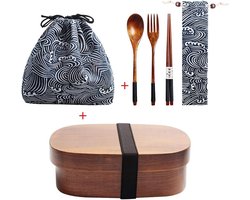 Houten Lunchbox Japanse Bento Box met Bestek en Tas - Vierkant & Ovaal