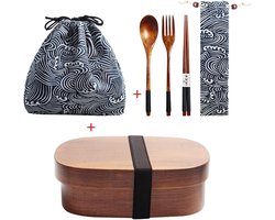 Houten Lunchbox Japanse Bento Box met Bestek en Tas - Vierkant & Ovaal