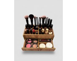 Houten Make-up Organizer met Lade | Bureau Organizer | Cosmetica Display | MDF | Naturel Bruin | 30x18x13 cm