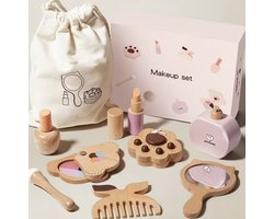 Houten Make-up Speelset – Kinder Make-up Set met Spiegel, Kam & Tas – Doe Alsof Speelgoed – Rollenspel voor Kinderen