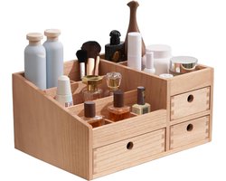 Houten make-uporganizer opbergkast tafel met 8 vakken en 3 laden - natuurlijke kleur make up tafel