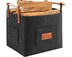 Houten mand voor haardhout met zijzakken - 42 x 32 x 40 cm - Donkergrijs