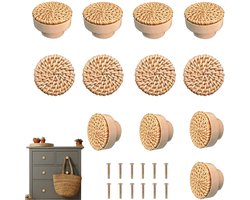 Houten meubelknoppen - Bohemian rotan ladeknoppen - Kastgrepen - Eenvoudig te installeren - Inclusief schroeven - Geschikt voor keuken, badkamer en kaptafels - Natuurlijke houtkleur - 12 stuks