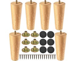 Houten Meubelpoten 15 cm - Conisch Model - Set van 6 - Vervangingspoten voor Meubels met Montageplaat en Rubberen Pads