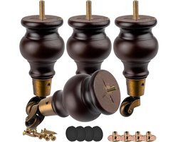 Houten meubelpoten met wielen - 14 cm - set van 4 - walnoot - massief hout - ronde kalebas - doe-het-zelf - vervanging - fauteuil - Ottoman - kast