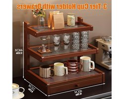 Houten Mok Houder - Koffie Rek - Aanrecht Organiseren - Handgemaakt Rotan Accent - 3 Tier - Natuurlijk