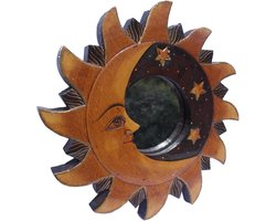 Houten Muurdecoratie - Zon Maan Spiegel - Wand Decoratie - Uniek Ontwerp - 20cm Diameter - Geel
