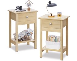 Houten nachtkastje met lade en plank - Compact voor kleine ruimtes - Bijzettafel voor woonkamer en slaapkamer - Met opbergruimte - Eiken kleur - Duurzaam hout