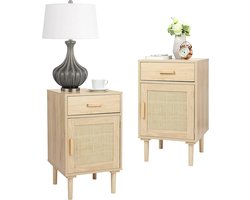 Houten nachtkastje set van 2 met lade en rotan details - Multifunctionele bijzettafel voor slaapkamer en woonkamer