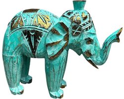 Houten olifant - turquoise - goud - handgemaakt - Woonaccessoire - Woon - Woonaccessoires - Interieur - Inrichting - Woning - Sfeervol - Sfeer - Wonen - Decoratief - Deco - Decoratie Jungle - Bali - Ibiza style - Aankleden - Accessoire - Goud / Gold