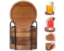 Houten onderzetters met zwarte metalen voetjes, keukenonderzetters, elegante ronde onderzetters Geschikt voor thee, koffie en kopjes, duurzaam en hittebestendig, Geschikt voor voor thuisgebruik, zesdelige onderzetterset.