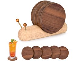 Houten Onderzetters - Onderzetters Glazen - Coasters - Onderzetters Met Houder - Tafeldecoratie - Slak - Woonaccessoires - Glasonderzetters - Houten Decoratie - Keuken Accessoires - Design Onderzetters - Huiscadeau - Bruin - 5 Stuks