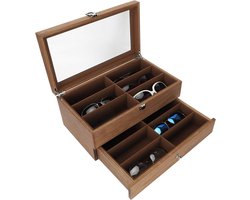 Houten opbergdoos voor brillen met 12 vakken, dubbele laag glazen etalagekast voor thuisdecoratie en organisatie van accessoires