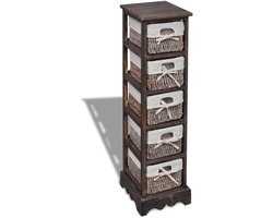 Houten Opbergkast met 5 Wicker/Vlechtmanden - Smal Wandmeubel