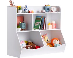 Houten Opbergkast voor Kinderen. Organizer met 5 Vakken En Boekenplank. voor Kinderkamer, Speelkamer. Witte Speelgoedkast voor Kinderen. Kinderkamer, Kleuterschool.