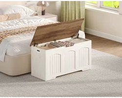 Houten Opbergkist met Deksel - 100 cm - Landelijke Dekenkist & Speelgoedkist - Wit met Eiken Look - Zitbankje voor Slaapkamer & Woonkamer