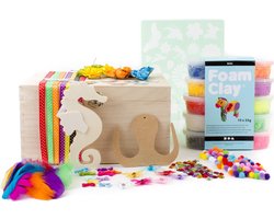 Houten opbergkist zeepaardje vlinder foam clay knutsel pakket sinterklaas kerst cadeau box kist lint strikje spiegel decoratief bloem veren jongen meisje creatief kind cadeauverpakking geschenk uniek luxe sint kerst cadeau