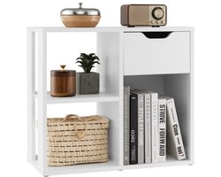 Houten Opbergmeubel met 2 Niveaus Boekenkast met 3 Vakken en Lde Legplanken met Uittrekbare Lade Vrijstaand Wit Opbergmeubel