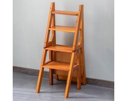 Houten opstapje - Ladderstoel - Hoge plekken bereiken - 3-in-1 functie - 4 treden - Licht walnoot