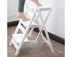 Houten Opstapkruk - Klapladder Stoel - Hoge Items Pakken - Opvouwbaar Stevig - 64 cm Hoog - Wit