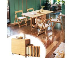 Houten opvouwbare eettafel met gestoffeerde stoelen - ruimtebesparend ontwerp voor eetzalen, balkons en smalle ruimtes - massief houten vlindertafel