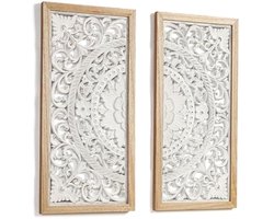 Houten ornament wandafbeelding 57x57cm, shabby wit, boho-stijl wanddecoratie voor woonkamer - hangend of staand