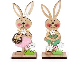 Houten Paashaas Decoratie Set van 2, Paashaas Beeldje om Neer te Zetten voor Binnen of in de Tuin, Paasdecoratie Houten Haas met Natuurlijke Uitstraling, Staanfiguur voor Paastak of Tafel