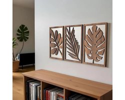 Houten Palmblad Wanddecoratie Set van 3 – Natuurlijke Muurkunst voor Woonkamer & Kantoor – Bruin