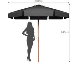 Houten Parasol 300 cm – UV 50+ – Kantelbaar aan Beide Zijden – Tuin- en Terrasparasol met 8 Ribben – Voor Balkon, Tuin en Strand