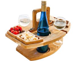 Houten Picknicktafel - Draagbare wijnplank - Buiten genieten - Met glazen houders - 31 x 36 cm - Houtkleur
