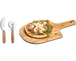 Houten pizza snijplanken/pizzabord bord met handvat 53 cm - Inclusief messen set