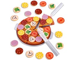 Houten pizzaset, kinderkeukenaccessoires, houten pizza voor kinderen, speelgoedvoedsel voor winkelaccessoires, hout met snijplank, pizzasnijder, educatief speelgoed, cadeau