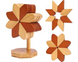 Houten Placemat Set - Boomvormige Onderset voor Pan en Theepot - Windmolens Coaster Set met Standaard voor Eenvoudige Opslag - Hittebestendig Bamboe Serveerblad - Geschikt voor Hotpot en Opwarmbord - Multifunctionele Decoratieve Set van 5 Stuks