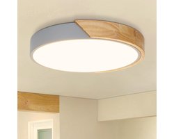 Houten Plafondlamp 24W Warm Wit 3000K - Grijze Rond 30cm Voor Keuken Woonkamer - LED Plafondlamp 2400LM Slaapkamer Gang