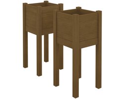 Houten-Plantenbakken-Set-van-2-Honingbruin-31x31x70cm-Massief-Grenenhout-Hoge-Bloembak-Buiten