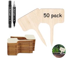 Houten Plantlabels - T-vormige Kruidenmarkers - Weerbestendige Plantenbordjes - Voor Tuin, Bloemen, Kruiden & Groenten - Inclusief Stift - Set van 50