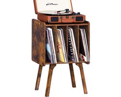 Houten platenstandaard met 4 kasten, Mid-Century vinyl platenspeler tafel met massief houten poten, houdt tot 100 albums, bruin vinyl platen rek voor slaapkamer en woonkamer