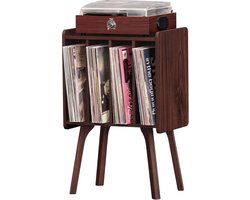 Houten platenstandaard met 4 kasten, Mid-Century vinyl platenspeler tafel met massief houten poten, houdt tot 100 albums, walnoot vinyl platen rek voor slaapkamer en woonkamer