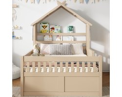 Houten platformbed - huisvorm - 140 x 200 cm - met uitschuifbaar bed - 3 lades en veiligheidsbeugel - beige - zonder matras