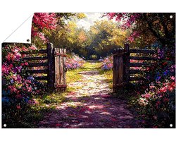 Houten poort naar bloemenpad - Natuur tuinprints - Doorkijk - Tuinschilderij poort - Impressionisme - Muurdecoratie buiten - Tuinschilderij - Tuinposter 60x40 cm