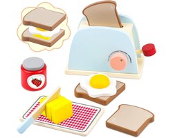 Houten Pop-up Broodrooster Speelgoed Speelset voor Kinderen, 10 stuks Keuken Accessoires met Brood en Boter, Interactief Peuter Educatief Rollenspel Speelvoedsel voor Meisjes en Jongens