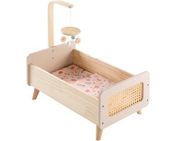 Houten Poppenbed met Mobiel en Beddengoed voor Poppen tot 50 cm