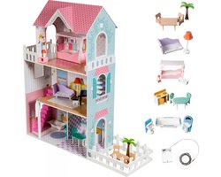 Houten Poppenhuis - Mamabrum - met Meubels en accessoires - Droomhuis - bouwpakket maken poppenhuisinrichting - LED verlichting - met meubeltjes - 123 cm hoog pop huis dollhouse diy XXL