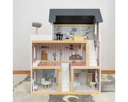 Houten Poppenhuis met 3 Verdiepingen en Balkon - Volledig Gemeubileerd met Meubels in 4 Kamers