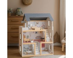 Houten Poppenhuis met Meubels - Dollhouse van Hout - Kinderspeelgoed voor Jongens en Meisjes - 79 Onderdelen en Accessoires - 70 cm - Beige