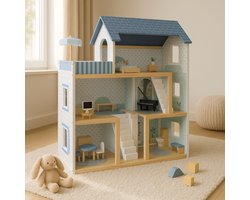 Houten Poppenhuis met Meubels - Dollhouse van Hout - Kinderspeelgoed voor Jongens en Meisjes - 79 Onderdelen en Accessoires - 70 cm - Beige